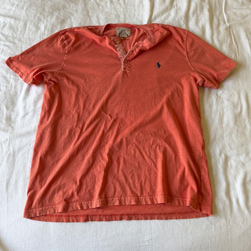 Polo Ralph Lauren XL Henley Shirt Coral Pink Slub Cotton Short Sleeve Pony - Picture 4 of 7